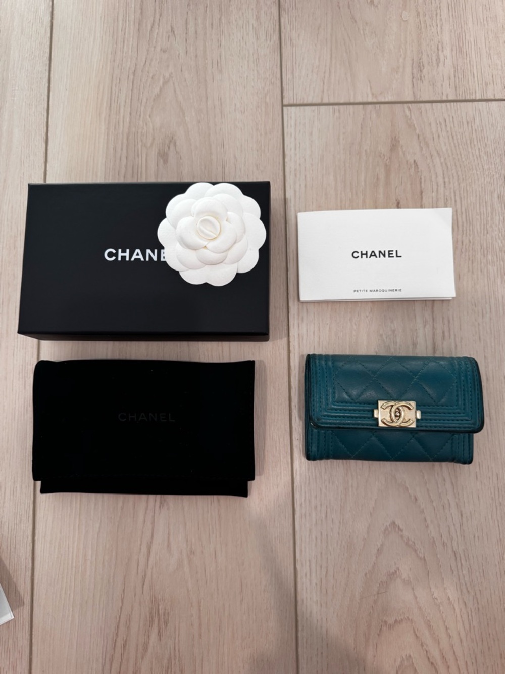CHANEL Boy Flap Card Holder Wallet Teal with Gold Hardware